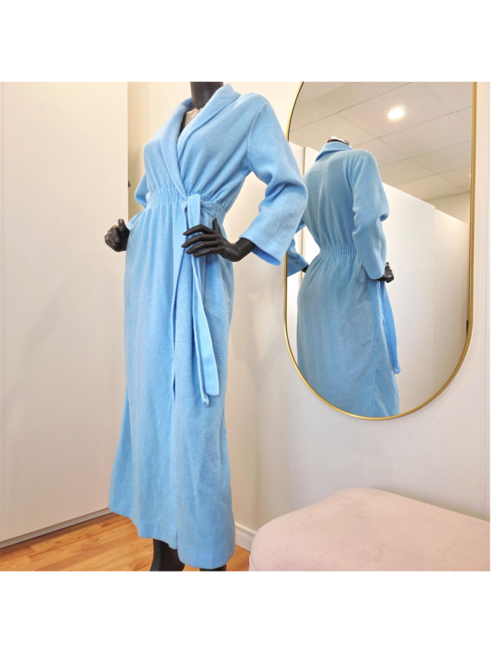 Vintage blue belted robe, Hamilton Canada union label, long peignoir | size S-M